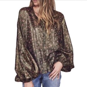 Love Shack Fancy Metallic 'Adeline' Gold Lamé Midnight Vine Balloon Sleeve XS